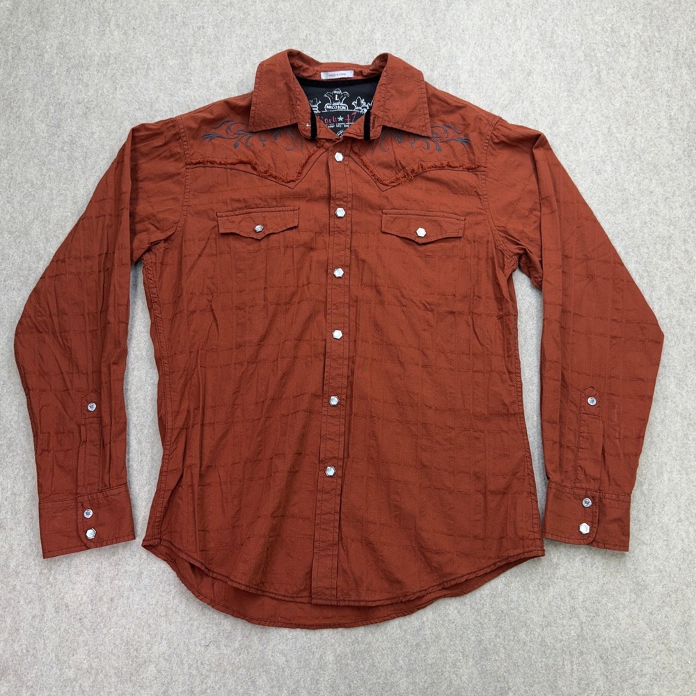 Wrangler Rock 47 Pearl Snap Shirt Mens L Rust Western Cowboy Rockabilly Boho